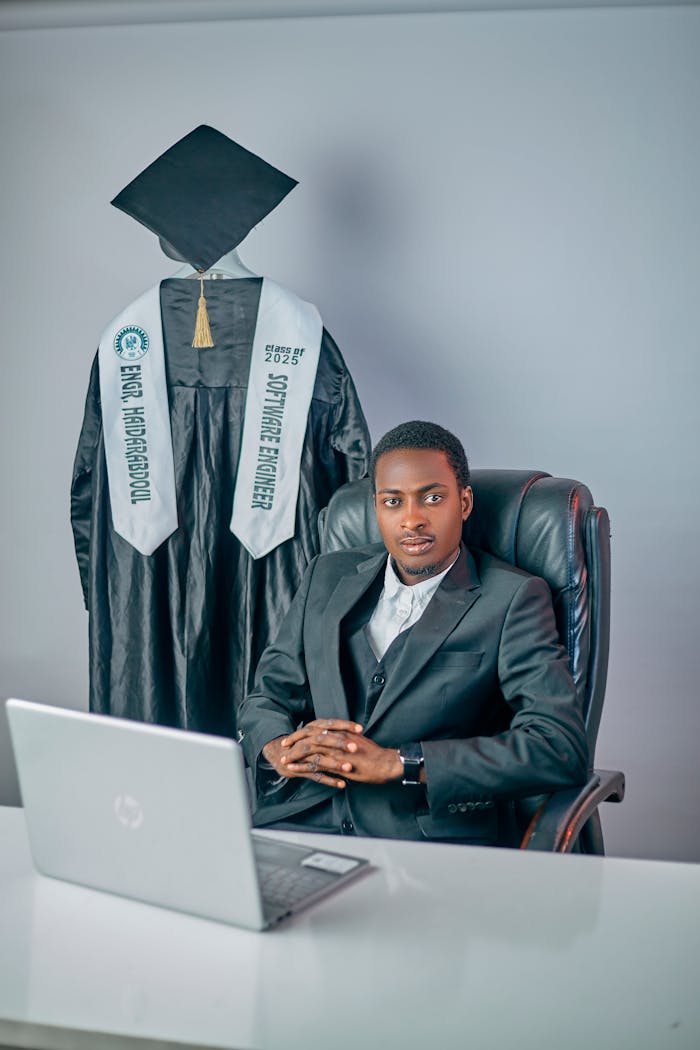 Young man in office with graduation gown and cap signifying achievement.